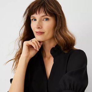 Ann Taylor Petite Ruffle Button Top, Black, XSP